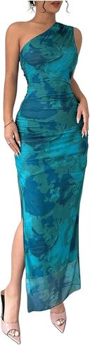 Milumia Women's Printed One Shoulder Bodycon Dresses Sleeveless Asymmetrical Neck Ruched Slit Maxi Dress in Kuwait