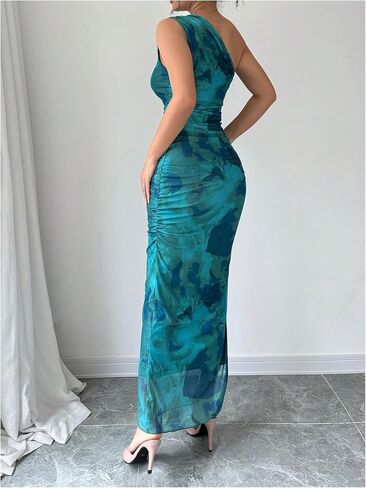 Milumia Women's Printed One Shoulder Bodycon Dresses Sleeveless Asymmetrical Neck Ruched Slit Maxi Dress in Kuwait