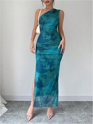 Milumia Women's Printed One Shoulder Bodycon Dresses Sleeveless Asymmetrical Neck Ruched Slit Maxi Dress in Kuwait