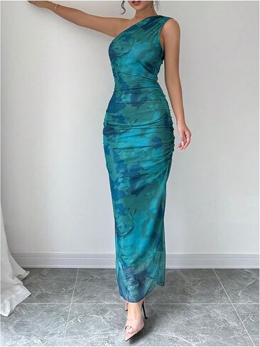 Milumia Women's Printed One Shoulder Bodycon Dresses Sleeveless Asymmetrical Neck Ruched Slit Maxi Dress in Kuwait