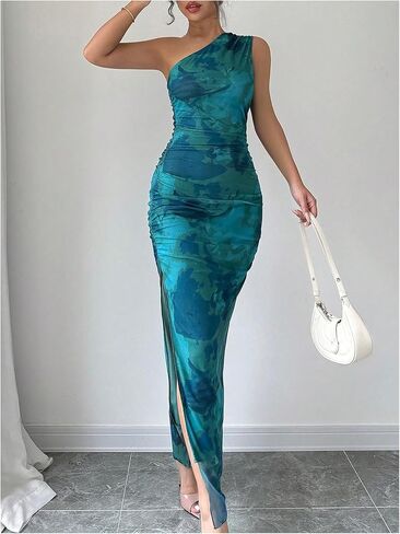 Milumia Women's Printed One Shoulder Bodycon Dresses Sleeveless Asymmetrical Neck Ruched Slit Maxi Dress in Kuwait