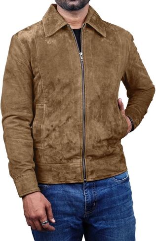رجاليو بولو ذوي الياقات البيضاء قمصان من جلد الغزال القمصان طويلة الأكمام كوخ من جلد الشاحنة سترة قميص جلدي من جلد الغزال الحقيقي in Kuwait