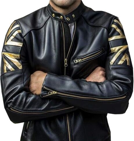 Men's Vintage Cafe Racer UK Flag Quilted Motorcycle Leather Jacket | Patriotic Biker Jacket for Men British in Kuwait
