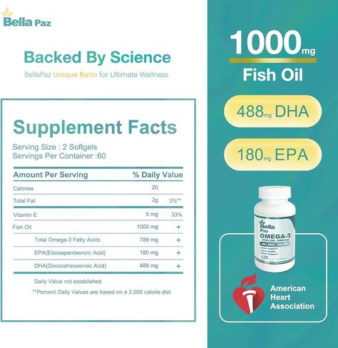 Omega 3 FishOil Supplements - 1000mg Fish Oil 788 mg Omega-3 Fatty Acid Burpless, 488 DHA & 180 EPA for Muscle Bone Heart Brain Support and Health, Supplements for Men and Women, 120 Softgels in Saudi Arabia