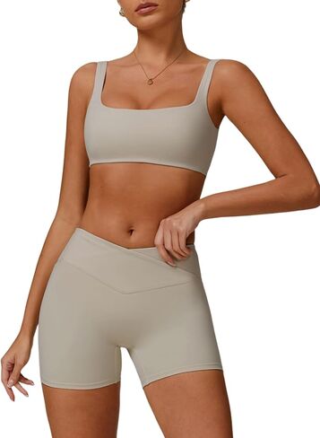 QBGJTD Two Piece Workout Sets for Women Square Neck Sports Bra and Scrunch Butt Lifting Shorts Gym Yoga Active Wear Outfits in Kuwait