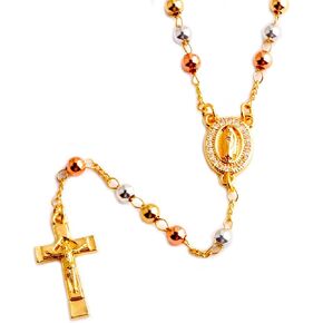 14K Gold Plated Rose Gold Plated Silver Beads Guadalupe Catholic Rosary Necklace for Women with Prayer Card