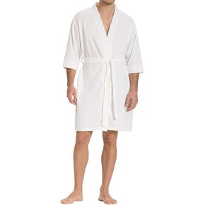 SIORO Mens Waffle Knit Robe, Short Lightweight Bathrobe with Pockets & 3/4 Sleeves, Kimono Loungewear for Spa & Shower