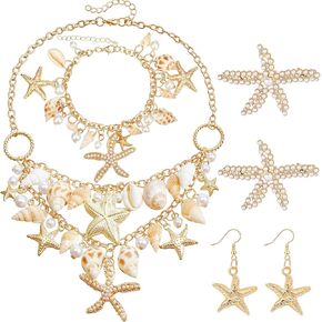 Women Mermaid Costume Jewelry Set, Mermaid Accessories with Starfish Seashell Necklace Bracelet Hair Clip Earrings