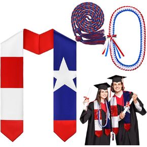 3 Pcs Puerto Rico Graduation Stole Set, Embroidered Puerto Rican Country Flag Graduation Sash Red Royal Blue Honor Cords Red Blue White Yellow Ribbon Leis Class of 2025 International Students