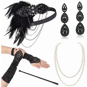 BABEYOND 1920s Flapper Accessories Gatsby Costume Accessories Set 20s Flapper Headband Pearl Necklace Gloves Plastic Holder