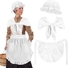 XEPST Colonial Costume Set for Women - 3PCS Pilgrim Costume Accessories Set with White Mob Cap Bonnet Shawl Wrap Ruffle Waist Apron Maid Costume for Halloween Costumes Women Cosplay Fancy Dress Up