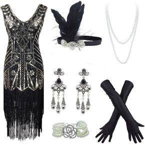 FUNDAISY 20s Flapper Gatsby Short Sequin Beaded Evening Cocktail Dress with Accessories Set