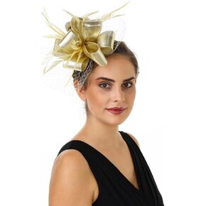 Fascinators for Women Tea Party Hat Handmade Headband Derby Hat for Wedding Church Bridal Cocktail Feathers Hair Clip (US, Numeric, 1, HJ10-Gold)