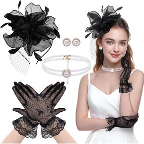 Tea Party Fascinator Hat for Women Flower Fascinators for Women Feather Hat Gloves Pearl Jewelry