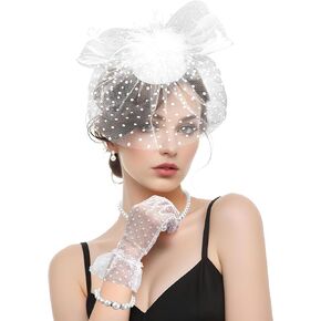White Fascinator for Women Tea Party Funeral Veil Hat Pillbox Cocktail Wedding Headpiece and Lace Glove 20s 50s