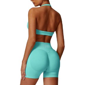 2 Piece Womens Workout Set Halter Neck Straps Sport Bra Matching Booty Lifting Shorts Gym Yoga Active Outfits