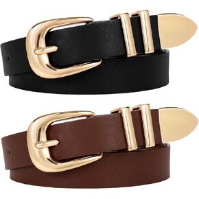 WERFORU 2 Pack Women Leather Belt Fashion Leather Waist Belt for Pants Jean Ladies Western Belt with Gold/Silver Buckle-