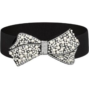 Elastic Pearl Belt Women Black Rhinestone Bow Tie Stretch Belts Sparkly Crystal Wide Waist Belts for Dress