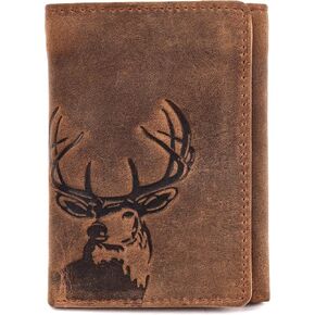 Trifold Wallet for Men, Full Grain Cowhide Leather, RFID Blocking, Gifts for Men (Deer)