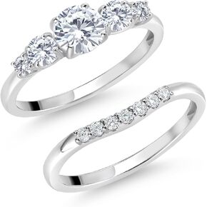 Gem Stone King 10K White Gold White Lab Grown Diamond 5 Stone Bridal Engagement Wedding Ring Set For Women (0.81 Cttw, Round: 5MM and 3MM, Available in Size 5,6,7,8,9)