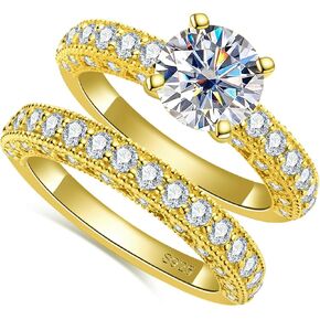 2 CT جميع خواتم الزفاف Moissanite مجموعة للنساء د ألوان جولة قطع الذهب الأصفر مطلي 925 الجنيه الاسترليني المجوهرات