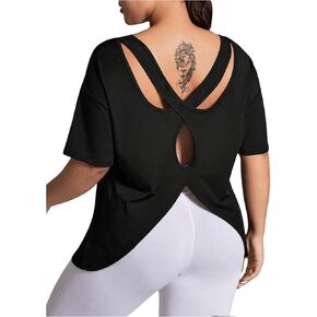 Women's Plus Size Cut Out Criss Cross Back Tee Short Sleeve Crew Neck Athletic Workout Tops