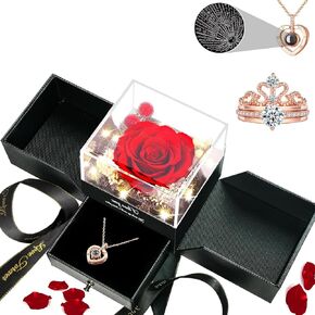 Preserved Real Rose Women Gifts, Romantic with 100 Languages Necklace and 2-Layered Ring -Eternal Flowers Rose for Birthday Lover Her Mom Wife Girlfriend Mom on Valentines Anniversary