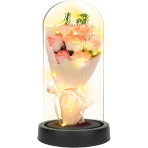 Preserved Flower Gift for Women for Mom Preserved Rose in Glass Dome Eternal Roses with LED Light Women Gifts Idea for Her Mom Wife Grandma as Anniversary Birthdays Gift (Pink)