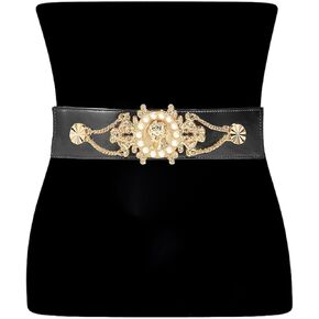Women Vintage Pearl Wide Waist Belt Retro Stretch Elastic Belt for Dress with Metal Buckle
