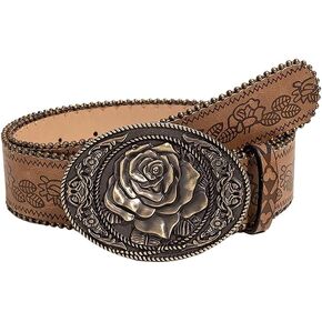 Verdusa Women's Floral Embroidery Square Buckle Leather Belts Vintage Belt