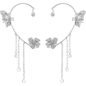 2 Pcs Butterfly Ear Cuffs, Butterfly Tassel Earrings Women No Piercing Flower Wrap Around Zircon Earrings Fairy Ear Clip Jewelry Gifts Halloween Parades