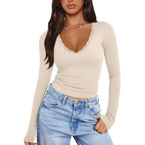 PINKMSTYLE Women Sexy V Neck Lace Long Sleeve Shirts Basic Fitted Double Lined Going Out Y2K Trendy Fall Tops