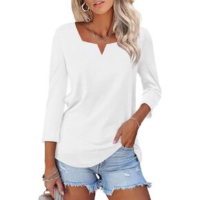 Women's 3/4 Length Sleeve Tops Square V Notched Neck Shirts Casual Summer Blouses