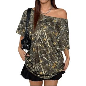 Soly Hux Women's Y2K Camo T Shirt قبالة الكتف القصيرة الصيفية قمم الصيف