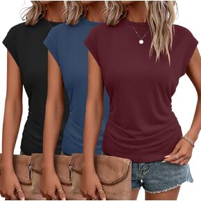 Bliwov 3Pack Womens Summer Cap Sleeve Tops Business Casual Crewneck Ruched T Shirts Trendy Basic Tops Beach Vacation Clothes