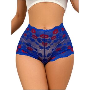 Verdusa Women's Lace Mesh Sheer Boyshort Panty Graphic High Rise Brief Underwear