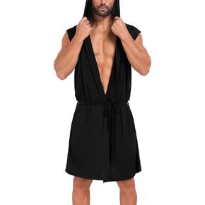 VintageClothing Men's Summer Robe with Hooded Lightweight Bathrobe House Kimono Sleeveless Sexy Sleepwear Pajamas