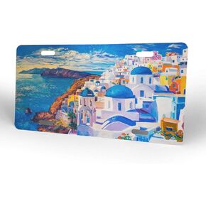 Oil Painting Beautiful Santorini License Plate Front Car Decorative Novelty Auto Plate Tag Vanity Metal Aluminum 12x6 inch Home Wall Decor