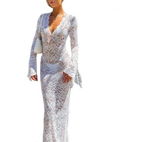 Women‘s Sexy Floral Lace Bodycon Dress See-Through Deep V Neck Long Sleeve Maxi Dresses