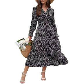 Spevert Women's Fall Floral V Neck Midi Dress Long Sleeve Polka Dot Maxi Dress Ruffle Elastic Waist Boho Dresses