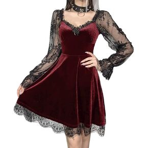 Tsmnzmu goth Vampire Velvet Vintage Frity Fress - Lace Long Sleeve Sexy Punk Grunge Emo Alt Witchy Dress