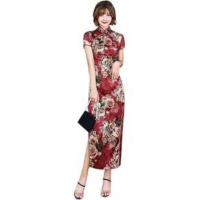 Women's Modern Cheongsam Maxi Dress Vintage Short Sleeve Slim Fit Side Slit Long Qipao Chinese Dress