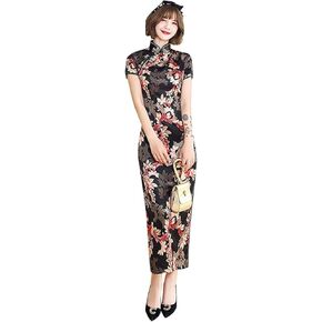 Women's Modern Cheongsam Maxi Dress Vintage Short Sleeve Slim Fit Side Slit Long Qipao Chinese Dress in Kuwait