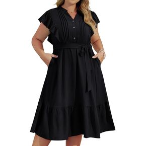 Hanna Nikole Plus Size Women's A-Line Dress with Ruffle Sleeves and Smocked Bust Elastic Waistband Lined Party Dress