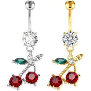 14G Stainless Steel CZ Crystal Dangling Cherry Belly Button Ring for Women