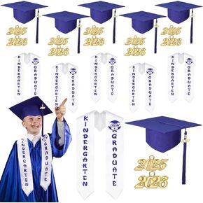 Coume 18 Pcs Kindergarten Graduation Caps and Stole with 2025 2026 Tassel Charm for Kids Unisex Grad Hat Satin Sash for Preschool Kindergarten School Boys Girls Graduate Gifts White, Blue