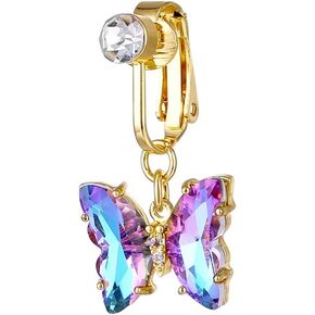 Colorful Butterfly Fake Belly Button Ring for Women 18K Gold Plated Stainless Steel Non Piercing Clip On Belly Navel Ring Dainty Fake Belly Jewelry