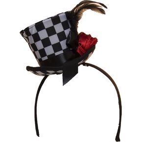 Checkered Mini Top Hat Headband with Feathers & Flower