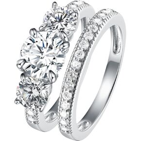 3 Ct Round 3 Stone CZ Wedding Ring Set for Women, 925 Sterling Silver, Cubic Zirconia Rings, Engagement Sets, Bridal Sets for Women, Hidden Gems Jewelry - Size 5-10
