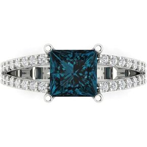2.48 Ct Princess Cut VVS1 Natural London Blue Topaz – Solitaire with Accents Split Shank Statement Ring for Women – Solid 14K White Gold – Birthstone Graduation or Anniversary Bridal Gift (Size )